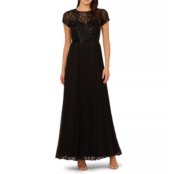 Adrianna Papell Womens Crew Neck Bead Pleat Long Dress Black Size 12P NEW - Picture 1 of 5